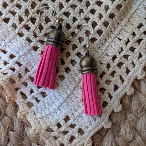 Hand Crafted Pink Tassel Earrings with Bronze Accents